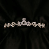 Laila's Tiara in Silver White Gold Color Metal, Clear Crystal, Faux Diamond, Low Profile Petite Dainty, Leaf and Flower Design Detail - Front 