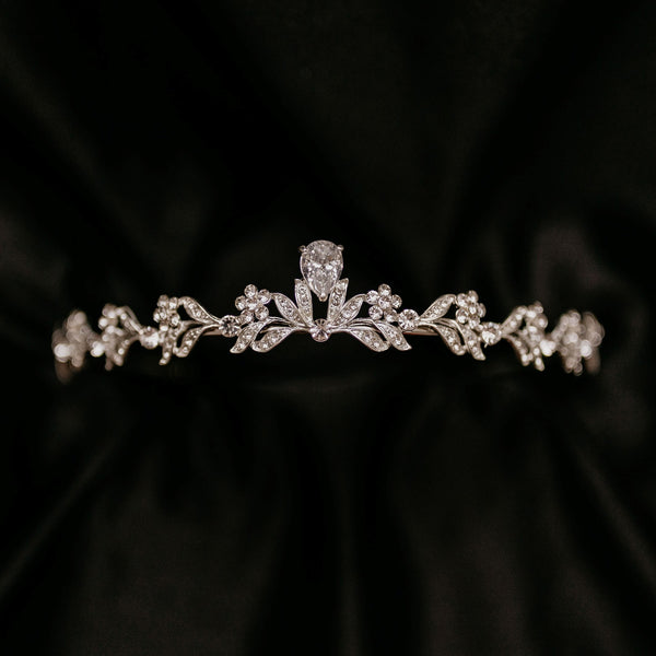 Laila's Tiara in Silver White Gold Color Metal, Clear Crystal, Faux Diamond, Low Profile Petite Dainty, Leaf and Flower Design Detail - Front 