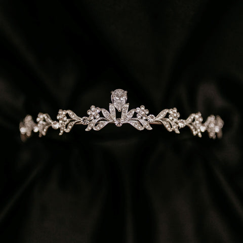 Laila's Tiara in Silver White Gold Color Metal, Clear Crystal, Faux Diamond, Low Profile Petite Dainty, Leaf and Flower Design Detail - Front 