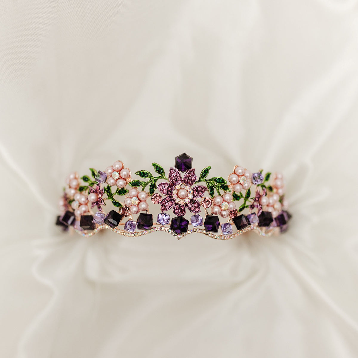 Lola's Tiara - Purple Faux Pearl, Purple Faux Amethyst Crystal, Rose Gold Pink Color Metal, Flower Design, Diadem Crown, Festival Cosplay LARP - Front