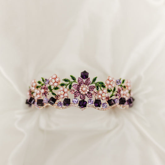Lola's Tiara - Purple Faux Pearl, Purple Faux Amethyst Crystal, Rose Gold Pink Color Metal, Flower Design, Diadem Crown, Festival Cosplay LARP - Front