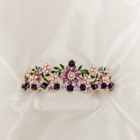 Lola's Tiara - Purple Faux Pearl, Purple Faux Amethyst Crystal, Rose Gold Pink Color Metal, Flower Design, Diadem Crown, Festival Cosplay LARP - Front