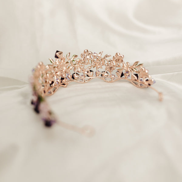 Lola's Tiara - Purple Faux Pearl, Purple Faux Amethyst Crystal, Rose Gold Pink Color Metal, Flower Design, Diadem Crown, Festival Cosplay LARP - Back