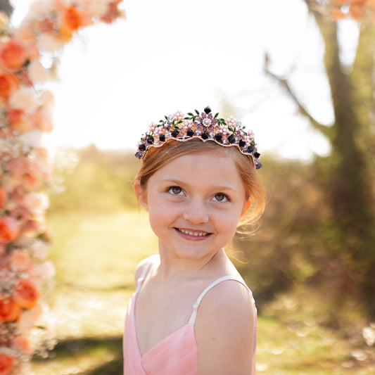 Lola's Tiara - Purple Faux Pearl, Purple Faux Amethyst Crystal, Rose Gold Pink Color Metal, Flower Design, Diadem Crown, Festival Cosplay LARP - Modeled