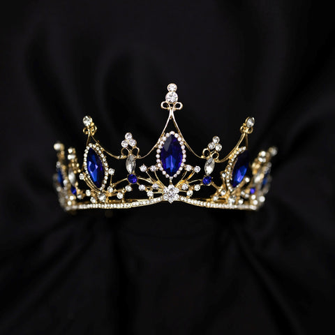 Marissa's Tiara - Blue color crystals, faux sapphire, faux diamond, clear crystal details, large size - Front