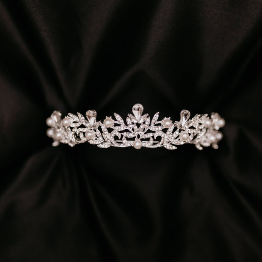 Missy's Tiara - Silver white gold color metal, white faux pearl detail, clear crystal faux diamond embellishment, medium size - Front