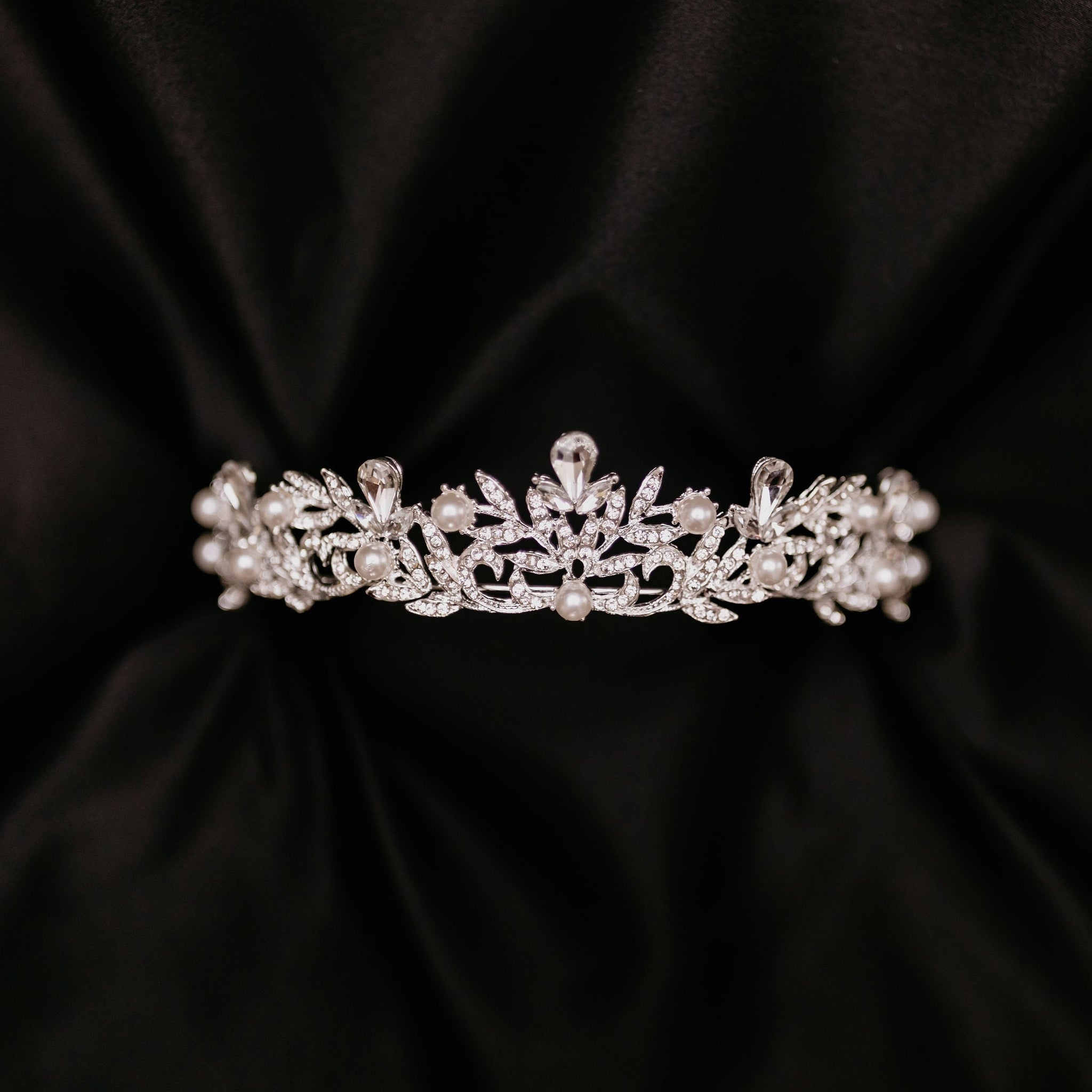 Missy's Tiara - Silver white gold color metal, white faux pearl detail, clear crystal faux diamond embellishment, medium size - Front