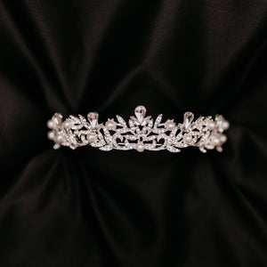 Missy's Tiara - Silver white gold color metal, white faux pearl detail, clear crystal faux diamond embellishment, medium size - Front