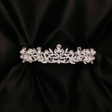 Missy's Tiara - Silver white gold color metal, white faux pearl detail, clear crystal faux diamond embellishment, medium size - Front