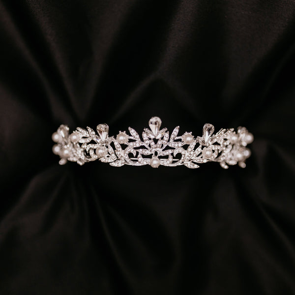 Missy's Tiara - Silver white gold color metal, white faux pearl detail, clear crystal faux diamond embellishment, medium size - Front
