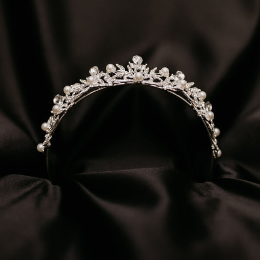 Missy's Tiara - Silver white gold color metal, white faux pearl detail, clear crystal faux diamond embellishment, medium size - Bottom
