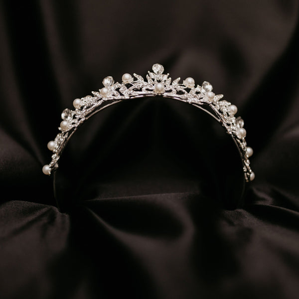 Missy's Tiara - Silver white gold color metal, white faux pearl detail, clear crystal faux diamond embellishment, medium size - Bottom