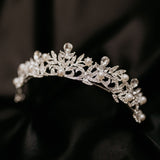 Missy's Tiara - Silver white gold color metal, white faux pearl detail, clear crystal faux diamond embellishment, medium size - Angle Front