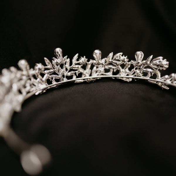 Missy's Tiara - Silver white gold color metal, white faux pearl detail, clear crystal faux diamond embellishment, medium size - Back