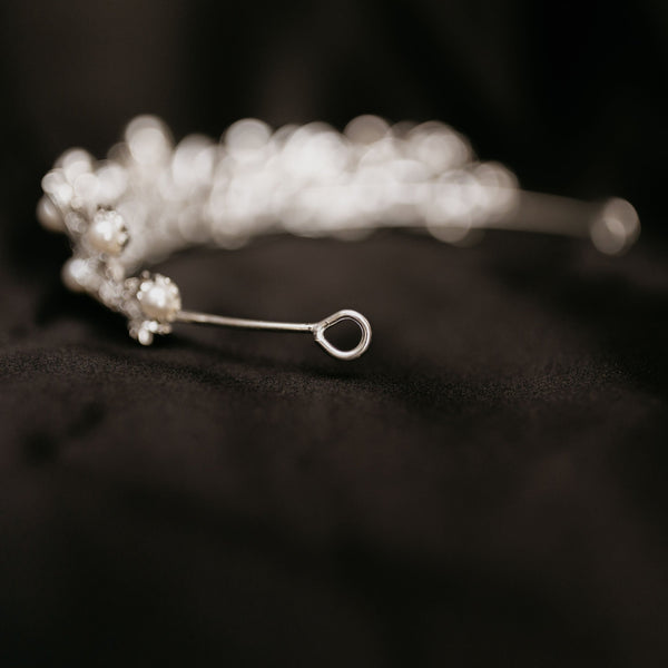 Missy's Tiara - Silver white gold color metal, white faux pearl detail, clear crystal faux diamond embellishment, medium size - end