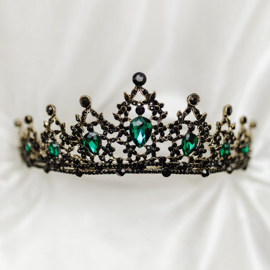 Ophelia's Tiara in Antique Gold Color Metal, Green Color Crystals Faux Emerald, Black Color Crystals - Medium Size - Front