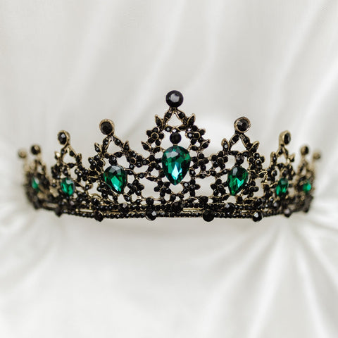 Ophelia's Tiara in Antique Gold Color Metal, Green Color Crystals Faux Emerald, Black Color Crystals - Medium Size - Front