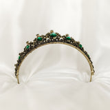 Ophelia's Tiara in Antique Gold Color Metal, Green Color Crystals Faux Emerald, Black Color Crystals - Medium Size - Bottom