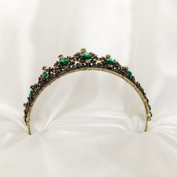 Ophelia's Tiara in Antique Gold Color Metal, Green Color Crystals Faux Emerald, Black Color Crystals - Medium Size - Bottom