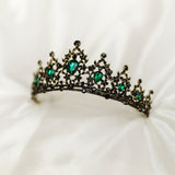 Ophelia's Tiara in Antique Gold Color Metal, Green Color Crystals Faux Emerald, Black Color Crystals - Medium Size - Angle View 