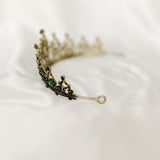 Ophelia's Tiara in Antique Gold Color Metal, Green Color Crystals Faux Emerald, Black Color Crystals - Medium Size - End