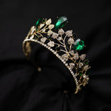 Orla's Tiara in Green Faux Emerald, Faux Diamond Clear Crystal, Leaf Design, Large Size - Angle View