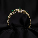 Orla's Tiara in Green Faux Emerald, Faux Diamond Clear Crystal, Leaf Design, Large Size - Bottom
