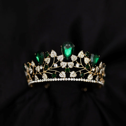 Orla's Tiara in Green Faux Emerald, Faux Diamond Clear Crystal, Leaf Design, Large Size - Front
