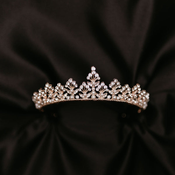 Piper - Piper's Tiara in Rose Gold Pink color metal, faux white pearl, faux diamond clear crystal, floret fan design - Front 