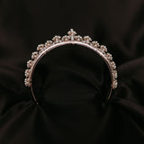 Piper - Piper's Tiara in Rose Gold Pink color metal, faux white pearl, faux diamond clear crystal, floret fan design - bottom
