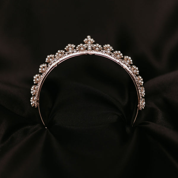 Piper - Piper's Tiara in Rose Gold Pink color metal, faux white pearl, faux diamond clear crystal, floret fan design - bottom