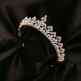Piper - Piper's Tiara in Rose Gold Pink color metal, faux white pearl, faux diamond clear crystal, floret fan design - angle