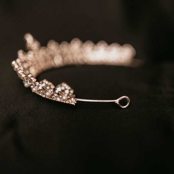 Piper - Piper's Tiara in Rose Gold Pink color metal, faux white pearl, faux diamond clear crystal, floret fan design - End