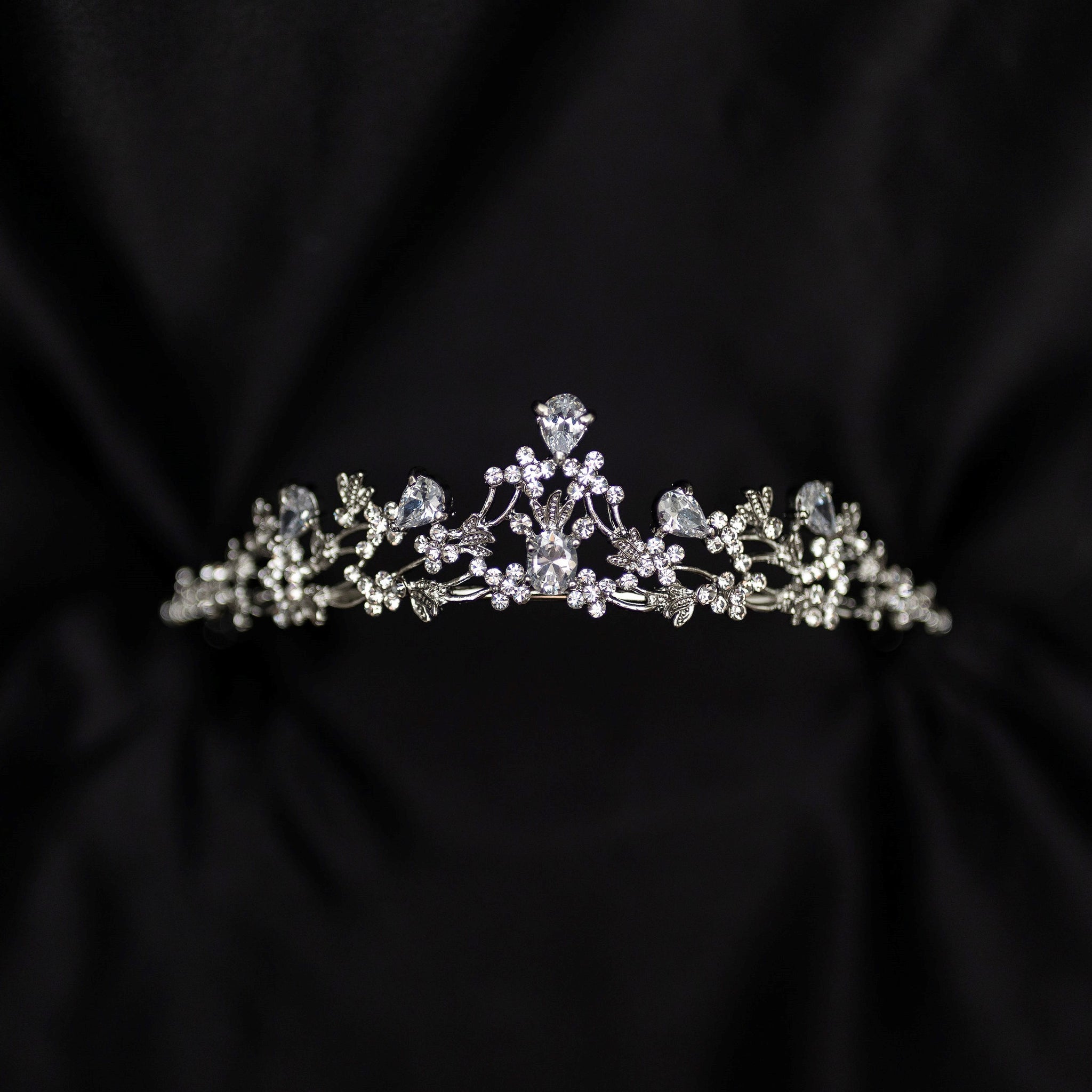 Posey's Tiara - Silver white gold color metal, clear crystal faux diamond, leaf and vine shaped metal, flower designs from crystals, small petite dainty - Front