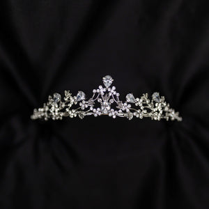 Posey's Tiara - Silver white gold color metal, clear crystal faux diamond, leaf and vine shaped metal, flower designs from crystals, small petite dainty - Front