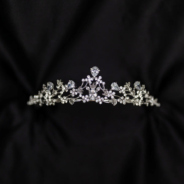 Posey's Tiara - Silver white gold color metal, clear crystal faux diamond, leaf and vine shaped metal, flower designs from crystals, small petite dainty - Front