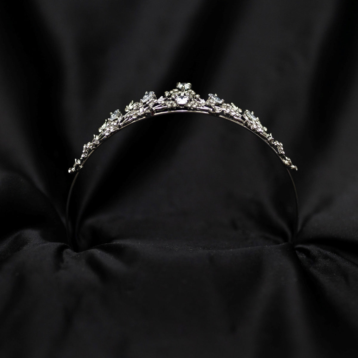 Posey's Tiara - Silver white gold color metal, clear crystal faux diamond, leaf and vine shaped metal, flower designs from crystals, small petite dainty - Bottom
