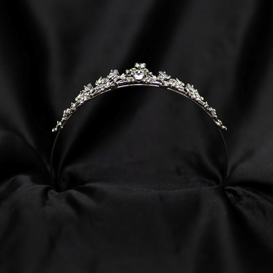 Posey's Tiara - Silver white gold color metal, clear crystal faux diamond, leaf and vine shaped metal, flower designs from crystals, small petite dainty - Bottom