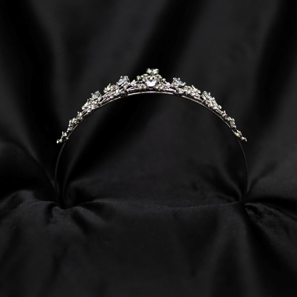 Posey's Tiara - Silver white gold color metal, clear crystal faux diamond, leaf and vine shaped metal, flower designs from crystals, small petite dainty - Bottom