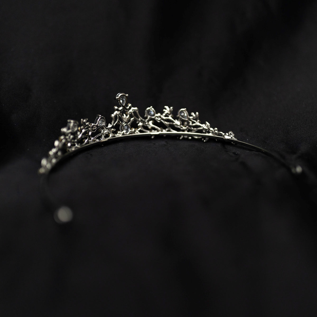 Posey's Tiara - Silver white gold color metal, clear crystal faux diamond, leaf and vine shaped metal, flower designs from crystals, small petite dainty - Back