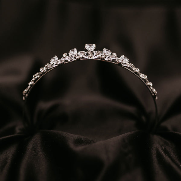 Sadie's Tiara - Petite Small Silver Tiara with Clear Crystals - One larger main crystal tear drop shape and two more tear drop shape crystals on either side, many small clear crystals throughout with leaf and vine metal detailing - Bottom View 