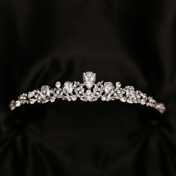 Sadie's Tiara - Petite Small Silver Tiara with Clear Crystals - One larger main crystal tear drop shape and two more tear drop shape crystals on either side, many small clear crystals throughout with leaf and vine metal detailing - Front 