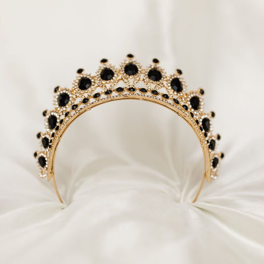 Saya’s tiara in black and gold with black teardrop crystals, clear rhinestones, and ornate gold detailing - Bottom
