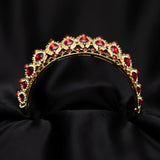 Saya's Tiara in Red - Faux Ruby, Faux Diamond Clear Crystal, Circle shape crystals, tear drop shape crystals, gold color metal - Bottom