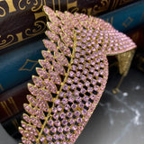 Paola's tiara in pink color crystals, yellow gold color metal, dozens of tiny crystals forming a design of medium size dots to work a single peak center - Close Up Detail View