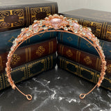 Michelle's Tiara in rose gold color metal, pink color crystals, faux diamonds clear crystals, large grand grande - Bottom