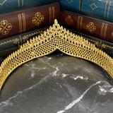 Paola's tiara in pink color crystals, yellow gold color metal, dozens of tiny crystals forming a design of medium size dots to work a single peak center - Back Side View