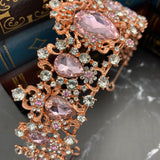 Michelle's Tiara in rose gold color metal, pink color crystals, faux diamonds clear crystals, large grand grande - Close Up Detail 